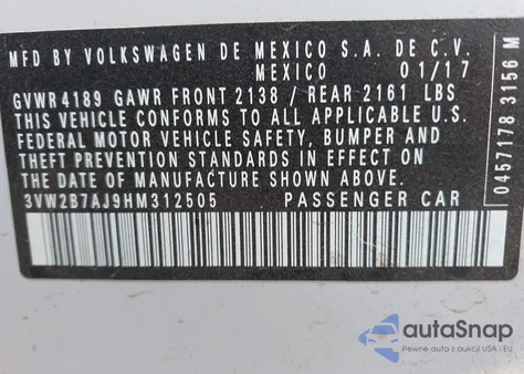 2017 Volkswagen Jetta 1.4T S z USA, uszkodzony, nr VIN 3VW2B7AJ9HM312505